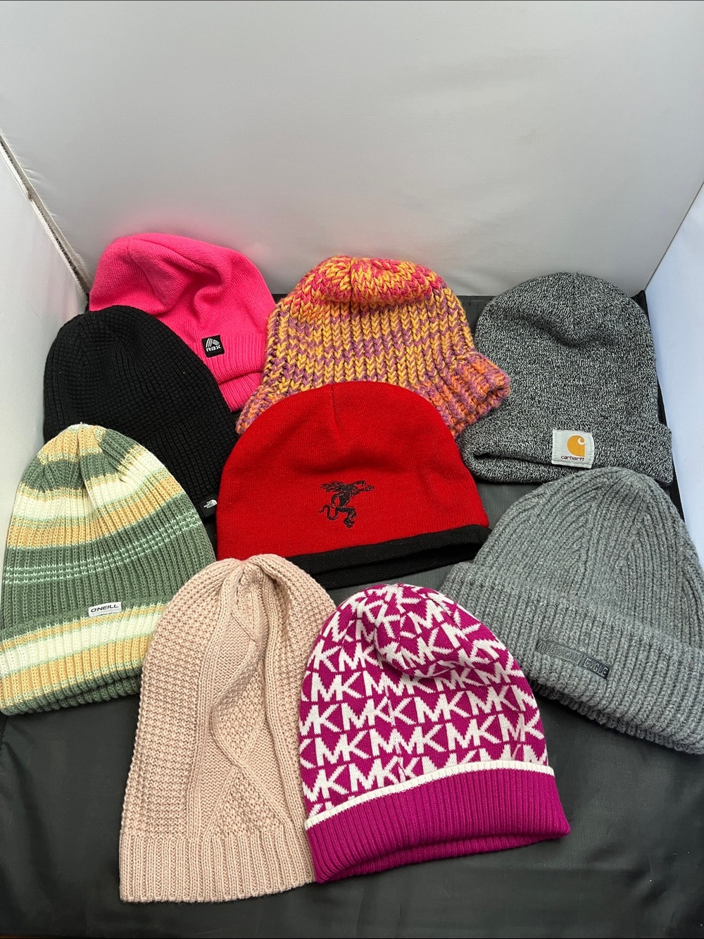 9 Assorted Knit Beanie Bundle - Pink, Red, Gray, Green, Cream